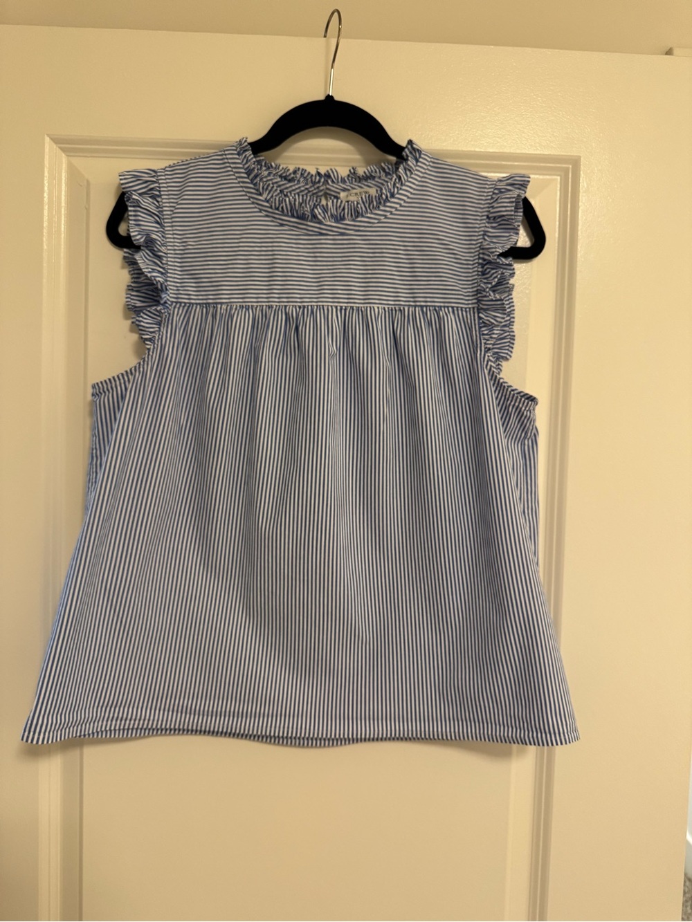J.Crew Women’s Blue & White Striped Ruffle Sleeve/Neck Sleeveless Top